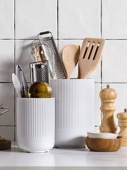 Utensil Holder for Kitchen Counter, 7.3"+5.4" Fluted Ceramic Utensil Crock Organizer for Countertop, Heavy Large Holder for Spatulas, Spoons, Set of 2, White, Kitchen Counter Decor