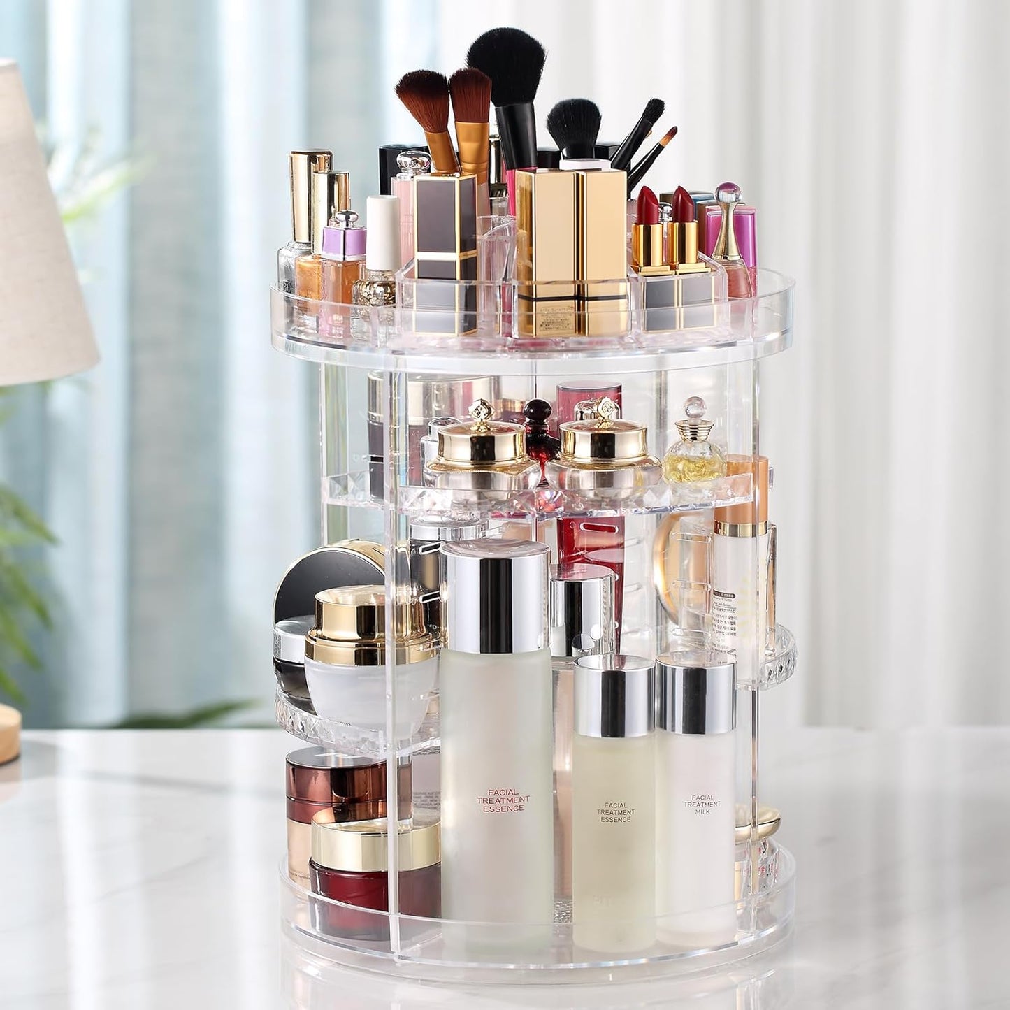 360-Degree Rotating Adjustable Makeup Organizer with 8 Layers for Cosmetics, Brushes, and Lipsticks - Clear Storage Display Case