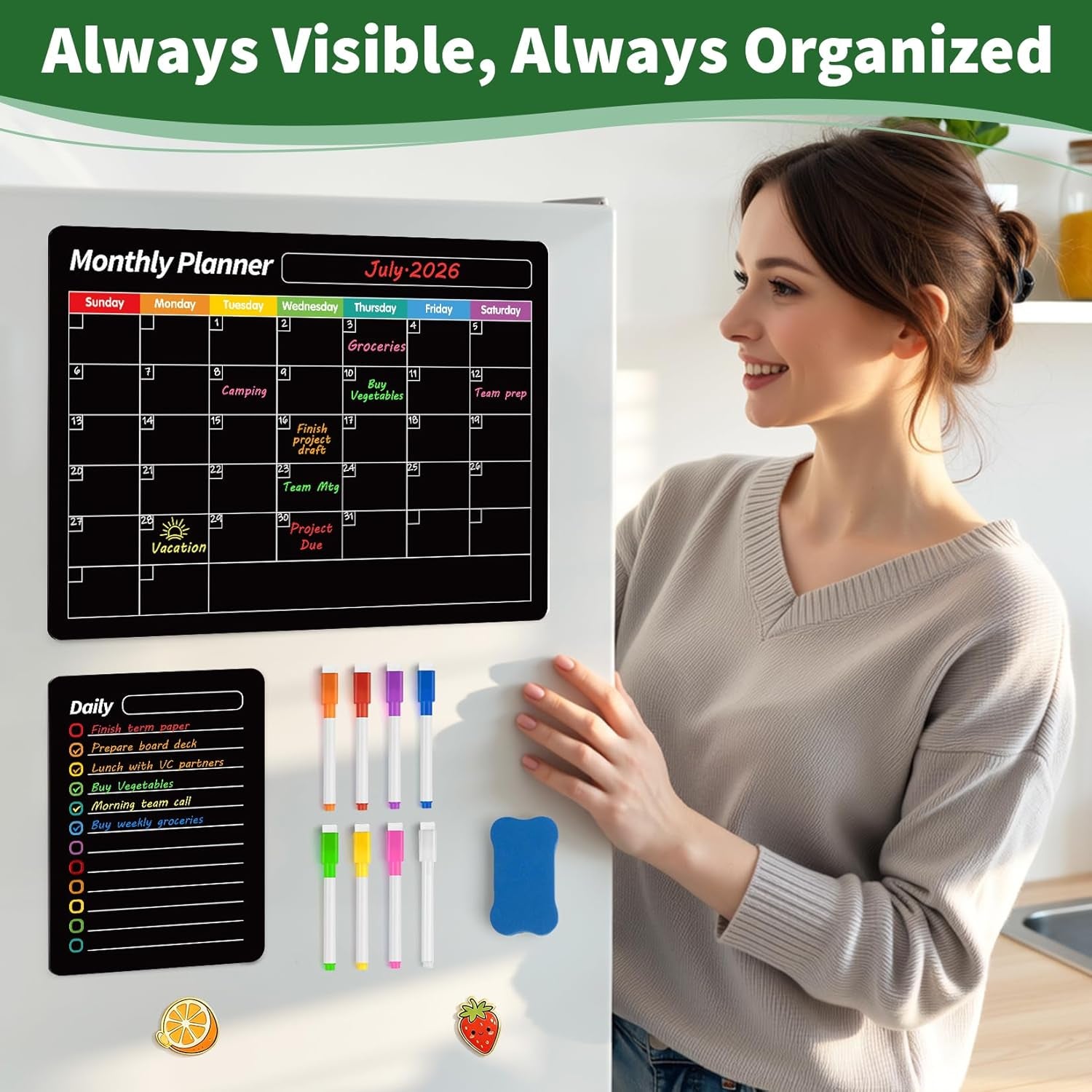 4 Pack Fridge Calendar, Magnetic Calendar for Dry Erase, Black | Magnetic Dry Erase Board, Monthly Calendar for Fridge with 8 Markers & Eraser