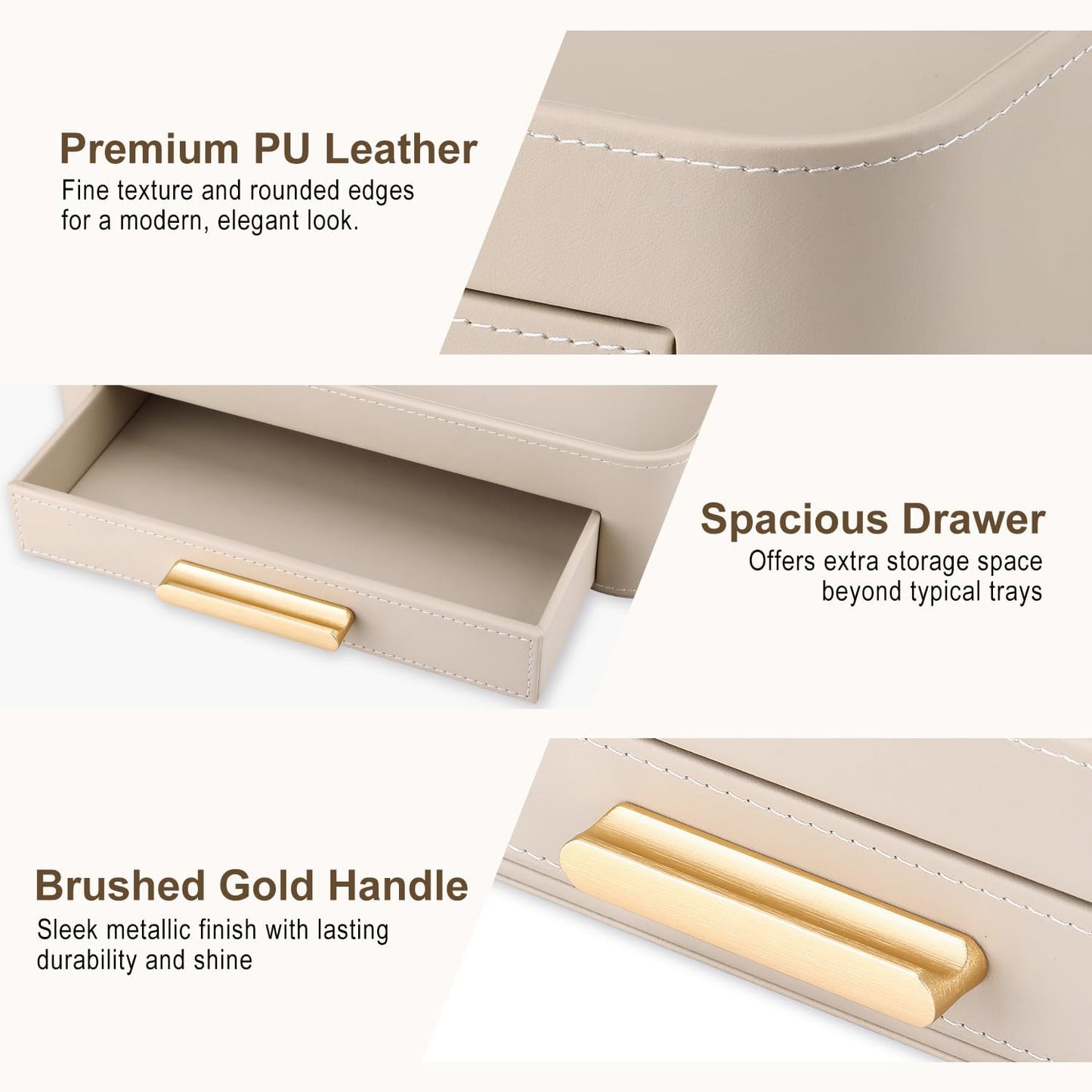 Valet Jewelry Tray Nightstand Organizer with Drawer, PU Leather Perfume Tray Trinket Trays for Vanity Bathroom Entryway, Catchall Trays for Key Purse Watch Cologne, Gift for Women Men, Beige