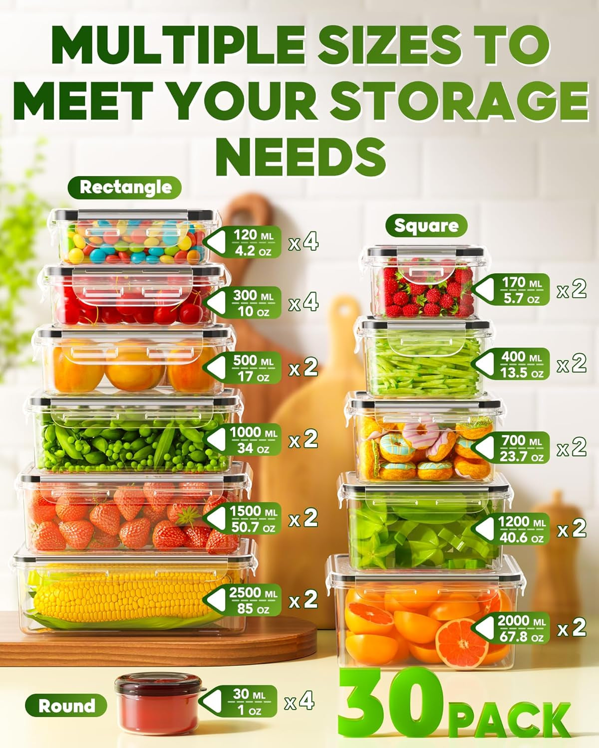 60 PCS Food Storage Containers with Lids, Bpa-Free Plastic Food Containers for Kitchen Storage, Leak Proof, Reusable Meal Prep Containers with Labels & Pen