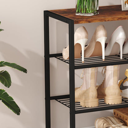 3-Tier Shoe Rack, Shoe Storage Shelf, Industrial Shoe Tower, Narrow Shoe Organizer for Closet Entryway, Small Shoe Rack Table with Durable Metal Shelves, Rustic Brown