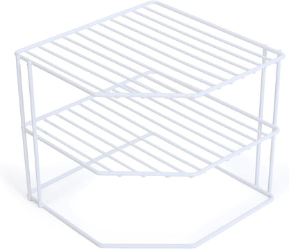 3-Tier Corner Kitchen Shelf Rack - Rust-Resistant Steel Wire Organizer for Plates and Dishes - Ideal for Cabinets and Pantries (9 x 8 Inches) [White]
