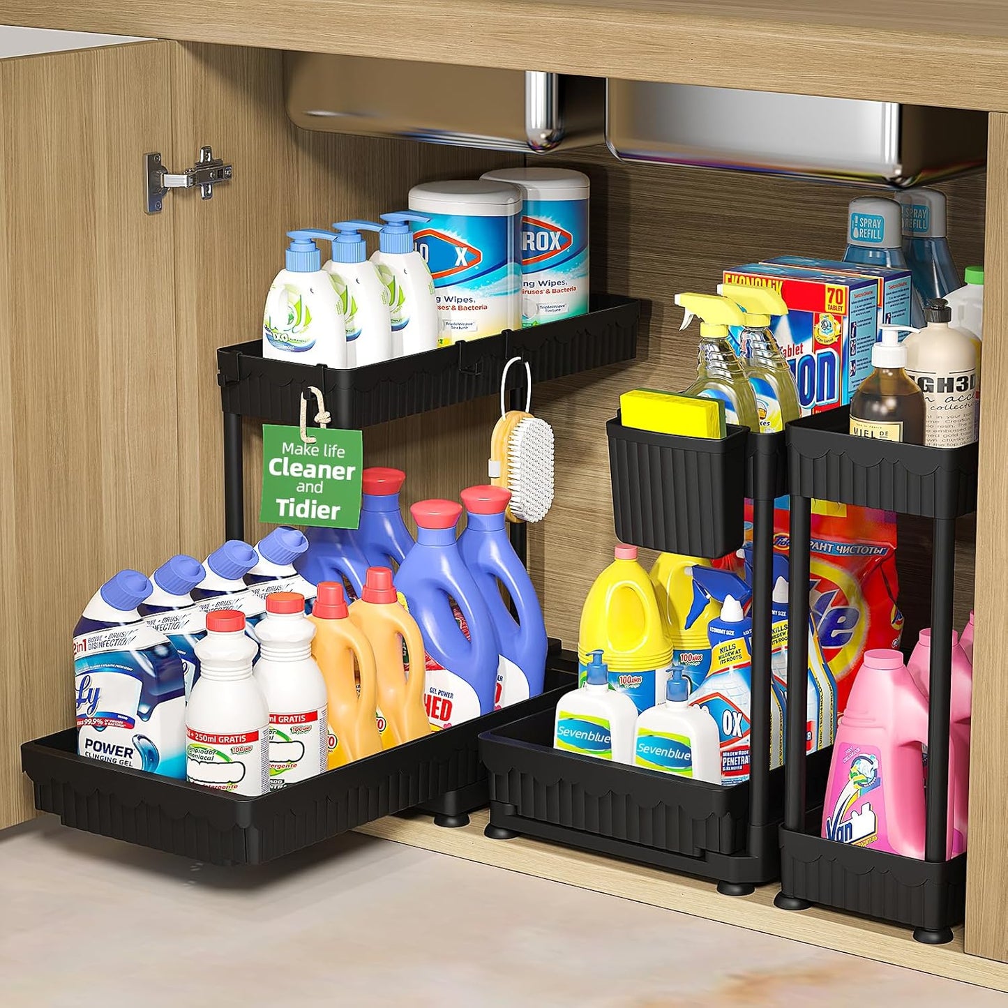 3-Pack Multi-Purpose Pull-Out Storage Organizers, 2-Tier L-Shaped Under Sink and Cabinet Organizers for Bathroom and Kitchen, Black, 12.85 Inches