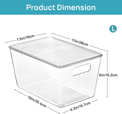 6-Pack Clear Stackable Storage Bins with Lids - Large Plastic Containers with Handles for Pantry, Bathroom, Cabinet, Kitchen, Fridge, and Closet Organization