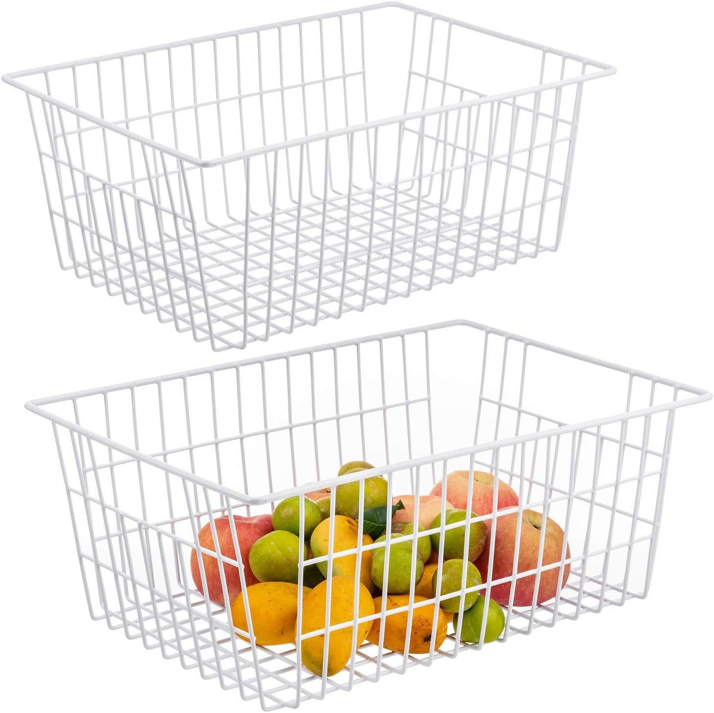 Wire Storage Freezer Baskets, Set of 2 - 13.4" Household Organizer Storage Bins with Handles for Kitchen Cabinets, Pantry, Office, and Bathroom Organization - White