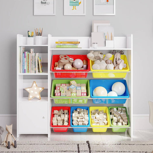 Toy Storage Organizer with Bookshelf, Kids Playroom Organization Shelving Unit with Removable Colorful Storage Bins & Anti-Tip Bracket, Multi-Color