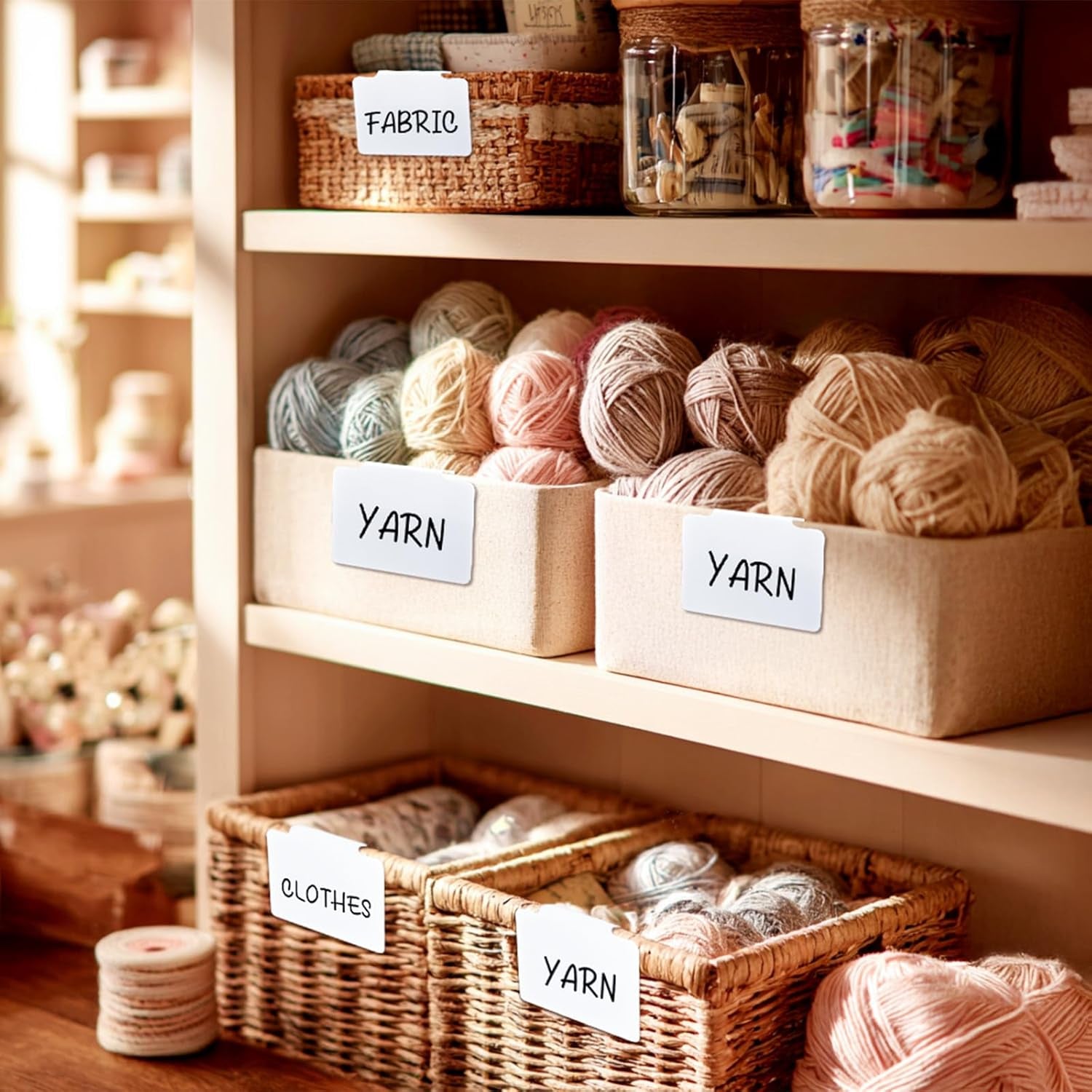 12Pcs White Basket Labels Removable PVC Labels | Clip on for Storage Bins, Removable PVC Labels for Baskets with Holders, 3.5X2.7 Inches