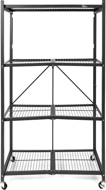 R5 4-Shelf Heavy-Duty Folding Storage Rack, Black – Large Foldable Metal Shelving Unit with Wheels for Garage, Pantry, Basement, Laundry Room or Warehouse