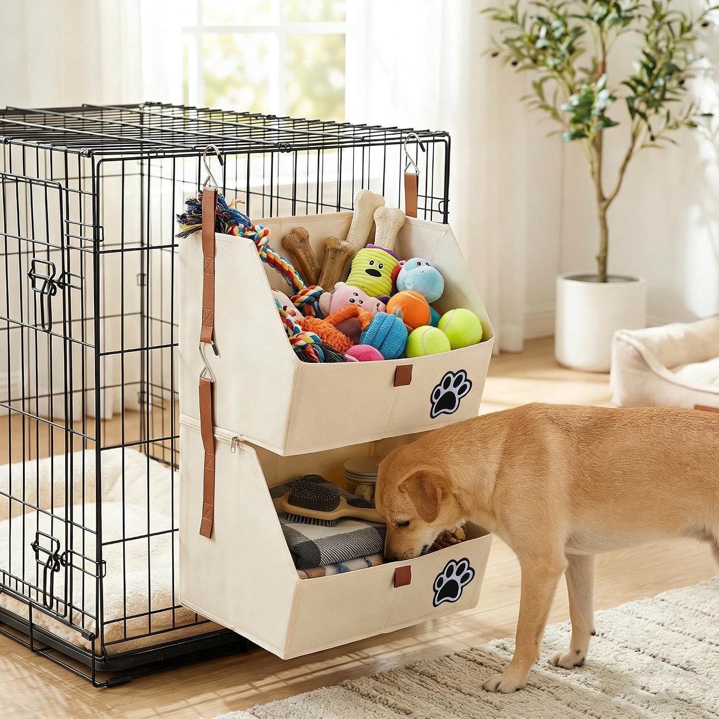 2-Tier Dog Shelves Storage Organizer, Dog Toy Basket, Hanging Closet Organizer for Pet, Fabric Storage Bins Dog Cabinet, Collapsible Baskets for Dog Toys,Collar,Clothes,Blanket -Beige