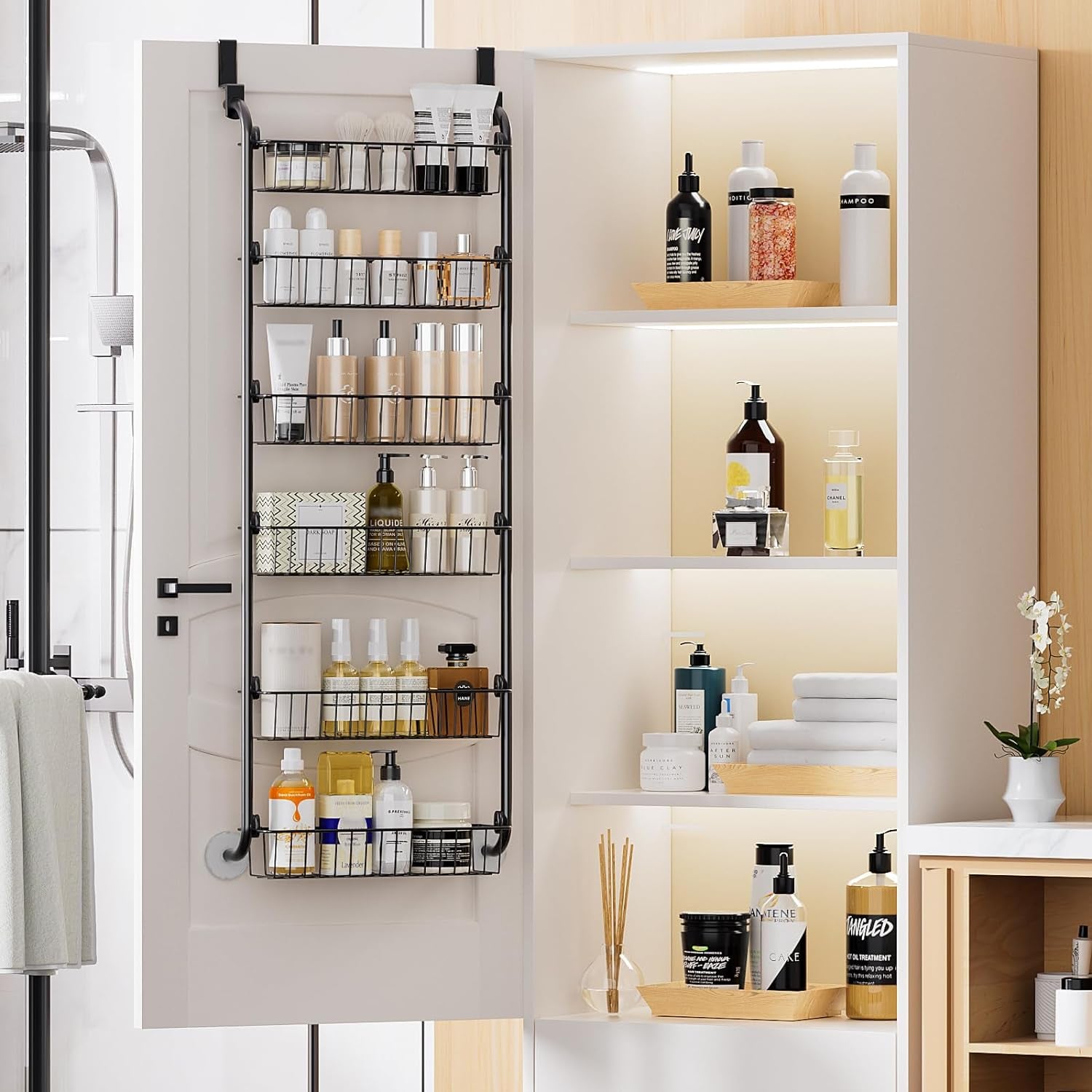 over the Door Pantry Organizer, 6-Tier Metal Pantry Door Organization and Storage, Hanging Kitchen Basket Spice Rack Seasoning Shelves, Cabinet Door Organizer for Easy Install,D5Xw18Xh50Inch