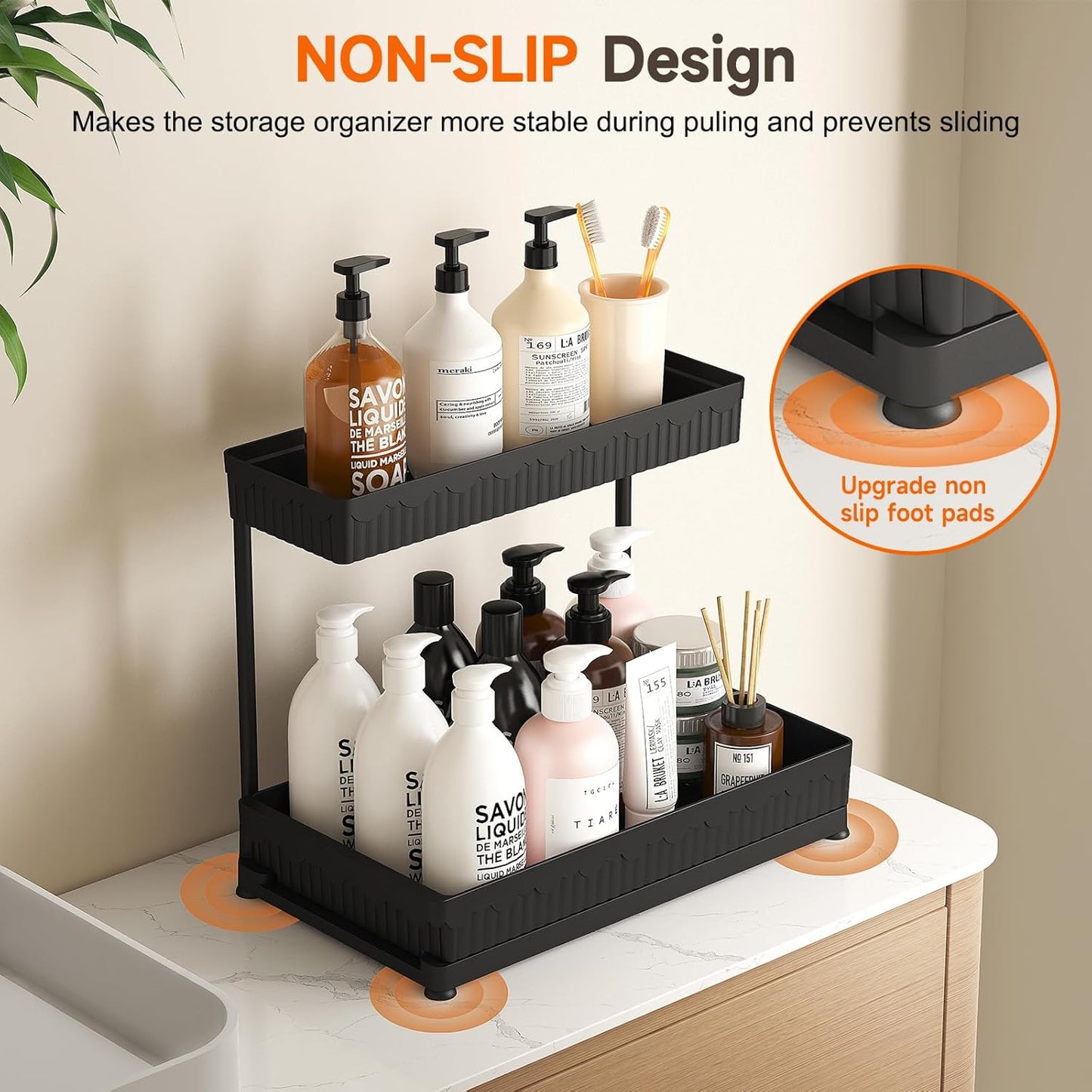 3-Pack Multi-Purpose Pull-Out Storage Organizers, 2-Tier L-Shaped Under Sink and Cabinet Organizers for Bathroom and Kitchen, Black, 12.85 Inches