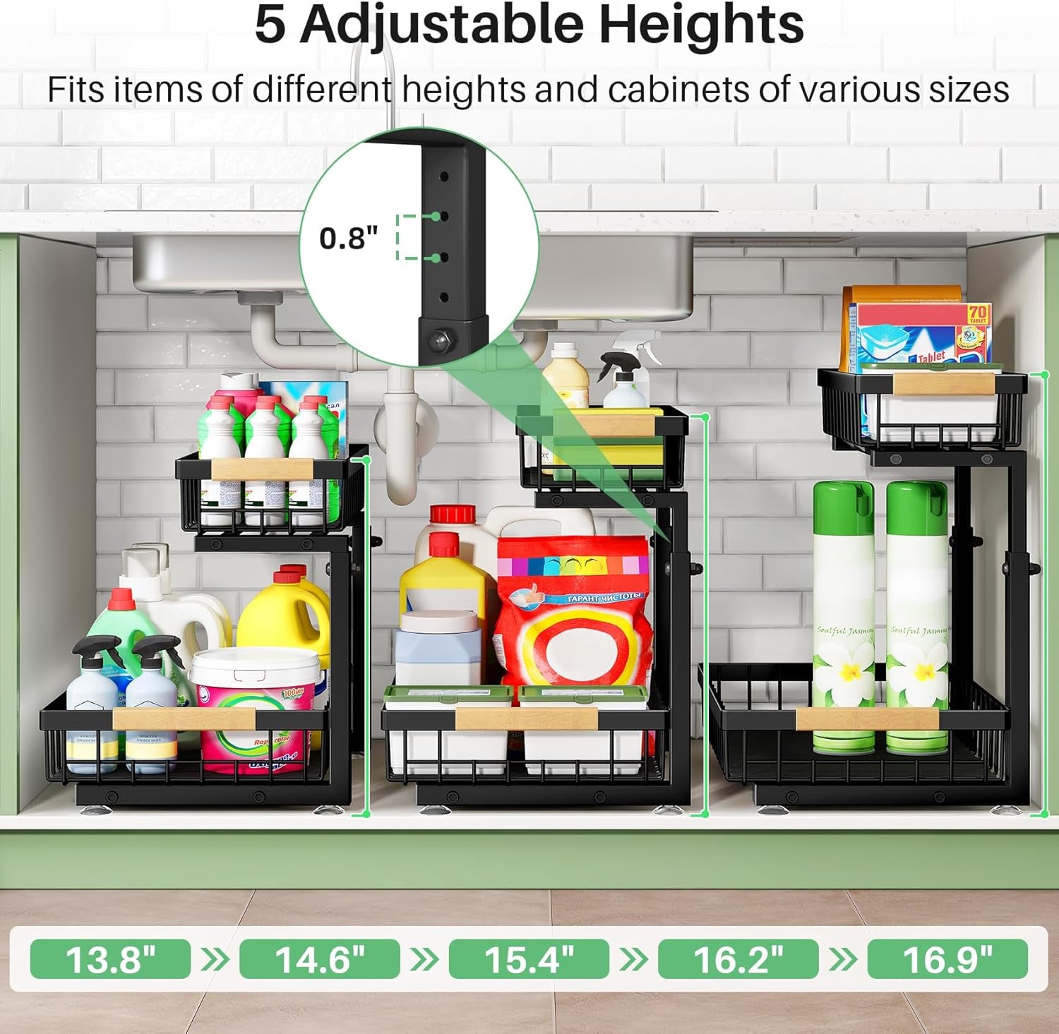 2-Tier Under-Sink Organizer with Sliding Drawers, Metal Cabinet Storage Rack for Kitchen, Bathroom, Pantry, and Closet - Black, Set of 2