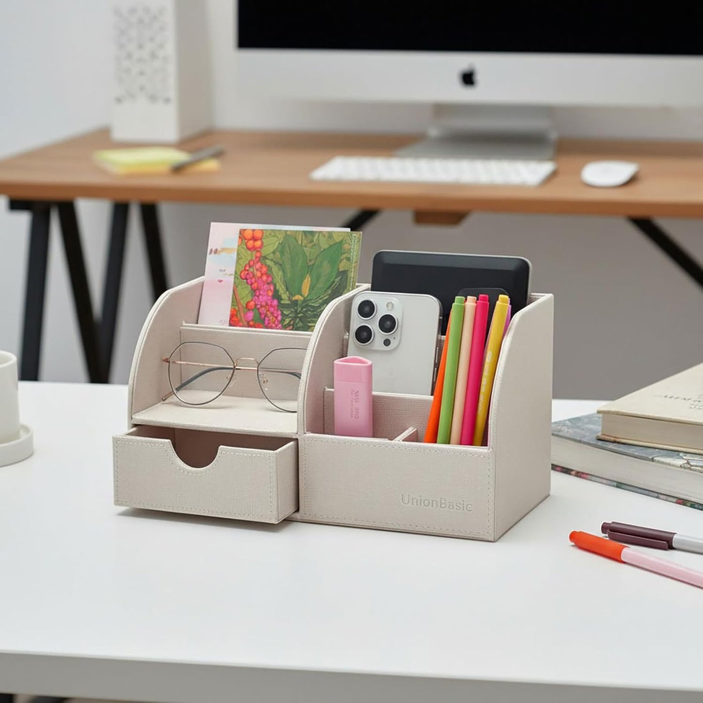 Multifunctional Leather Desk Organizer - Elegant Storage Solution for Pens, Business Cards, Mobile Phones, and Stationery, Beige