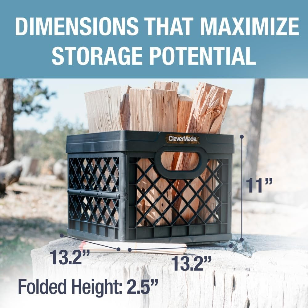 Collapsible Milk Crate, 25L Storage Crate, Holds 50 Lb, Obsidian | Organize Files, Groceries, and Gear in One Crate | Built-In Rails Hold Letter Folders, While the Frame Stacks Securely