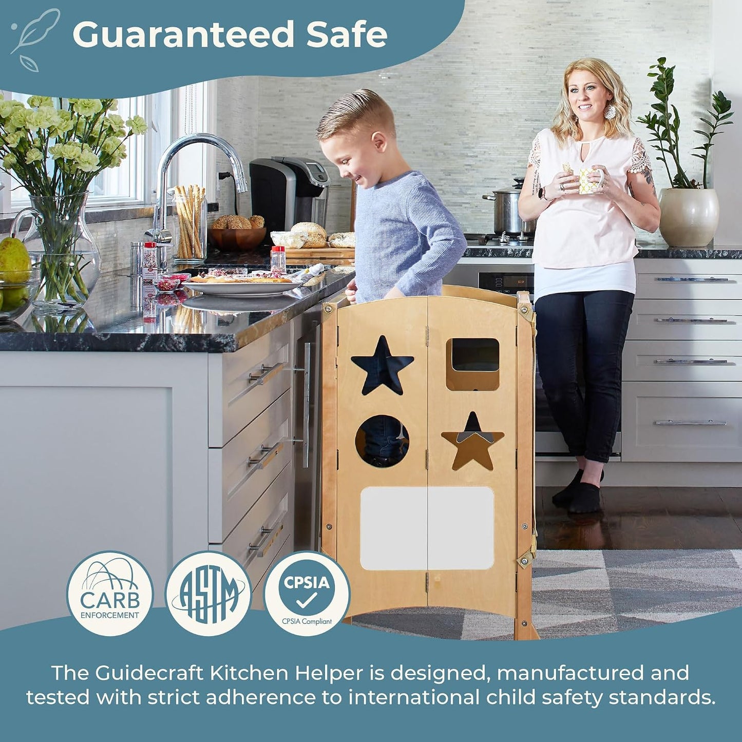 Guidecraft Classic Kitchen Helper® Toddler Tower - Gray: Folding, Adjustable Height, Learning Step Stool for Kids, W/Chalkboard | Montessori Collapsible Safety Non-Slip Platform
