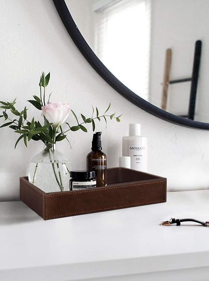 Decorative Vanity Tray, Desktop Storage Organizer, Catchall Tray, Valet Tray, Nightstand or Dresser Organizer, PU Faux Leather Bathroom Tray, Brown, 10.2 X 8.4 X 1.8 Inches