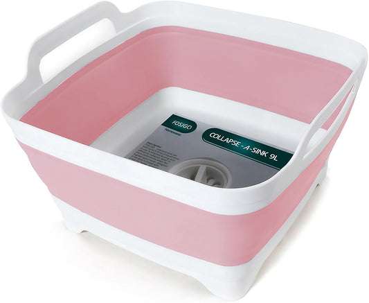 Collapsible Dish Basin with Drain Plug, Foldable Sink, 2.4 Gal (9L) | Space-Saving Wash Basin for Kitchen, Baby Bottles, Vegetable Washing, Camping, RV and Party Beverage Tubs