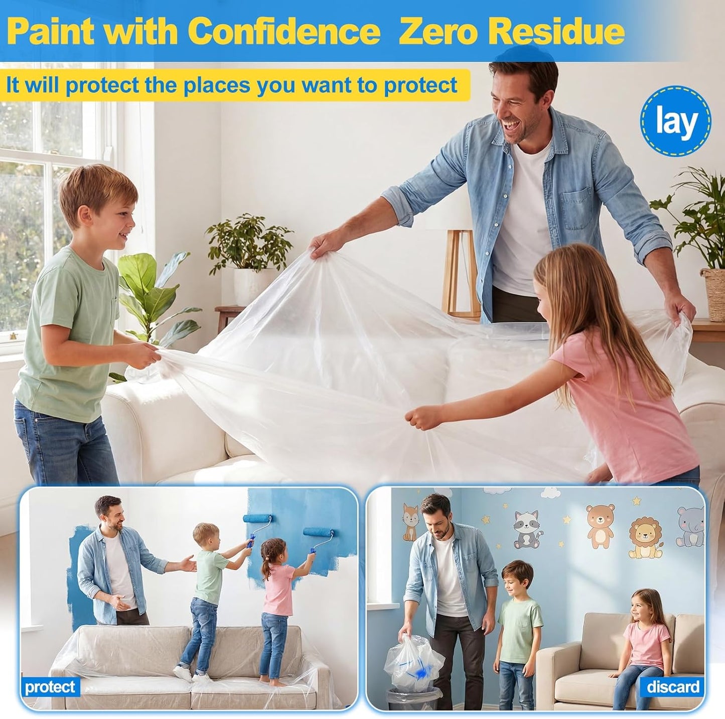 6 Pack Plastic Drop Cloths for Painting 9X12Ft - Disposable Premium Plastic Tarp for Painting, Lightweight Drop Cloth for Painting for Furniture & Floor Protection