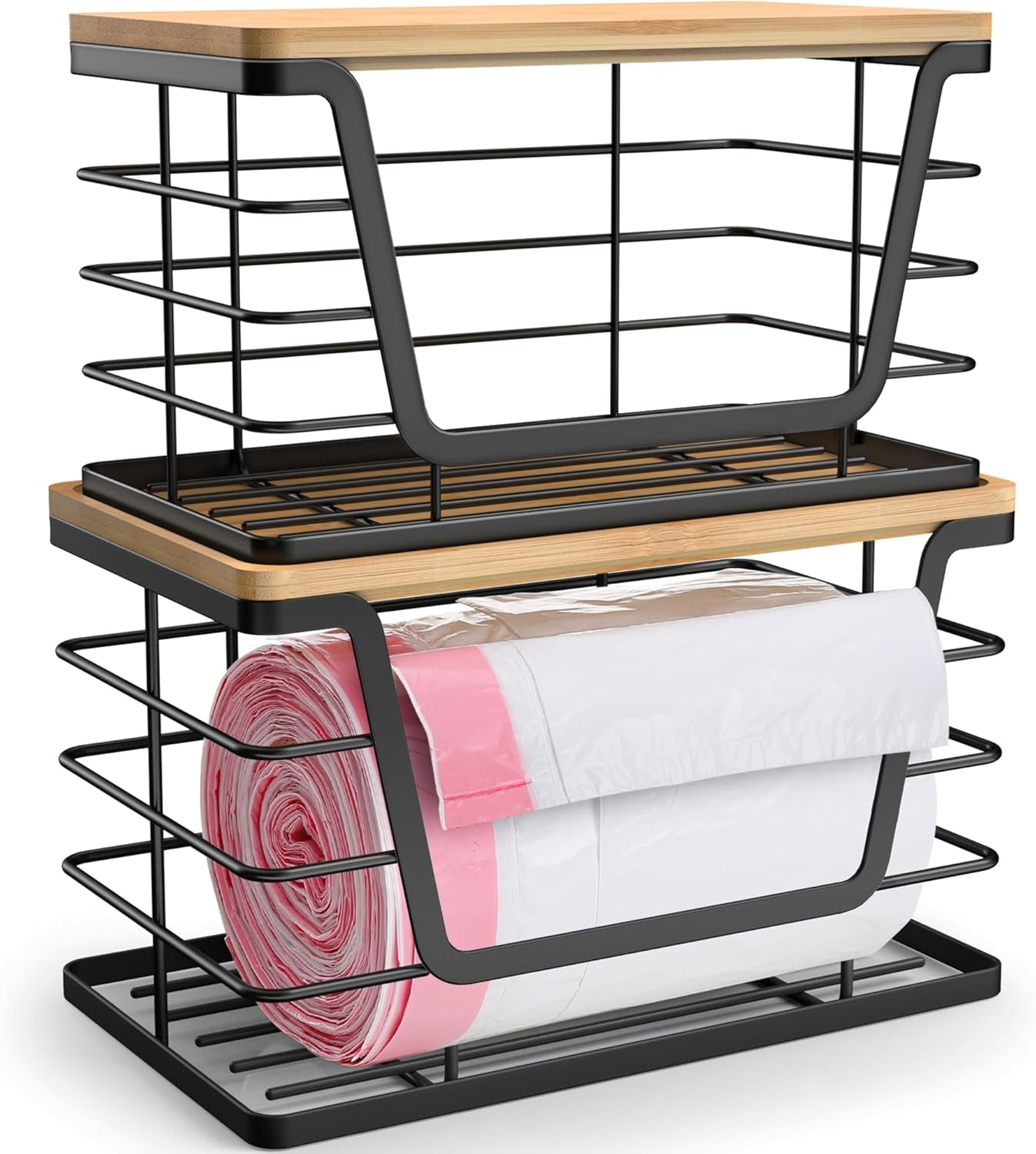 2 Pack Storage Stackable Kitchen Laundry Organizers with Bamboo Top, Large Trash Bag Holder and Small Garbage Bag Dispenser for Countertop Organization