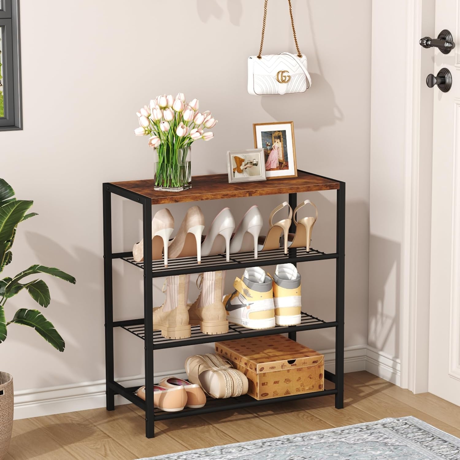 4-Tier Shoe Rack Organizer, Shoe Tower for Closet, Shoe Storage Shelf with MDF Top Board, Each Tier Fits 3 Pairs of Shoes, Entryway Shoes Organizer with Sturdy Metal Shelves, Rustic Brown