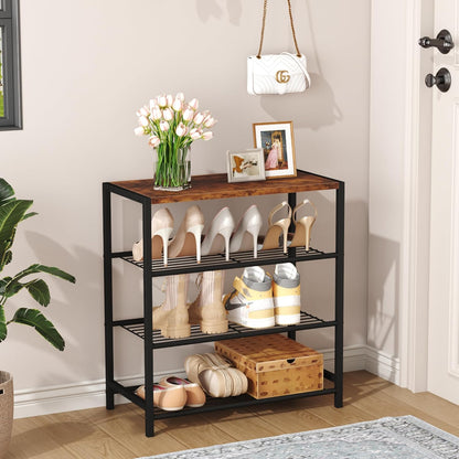 4-Tier Shoe Rack Organizer, Shoe Tower for Closet, Shoe Storage Shelf with MDF Top Board, Each Tier Fits 3 Pairs of Shoes, Entryway Shoes Organizer with Sturdy Metal Shelves, Rustic Brown