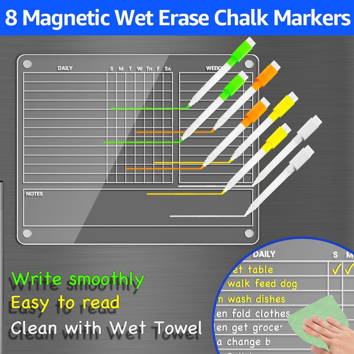 Acrylic Magnetic Chore Chart for Adults, 12X9.5 in Fridge Board | Clear Dry Erase Checklist with Daily, Weekly and Notes; Fits Curved Doors; Embedded Magnets; 8 Wet-Erase Markers and Towel