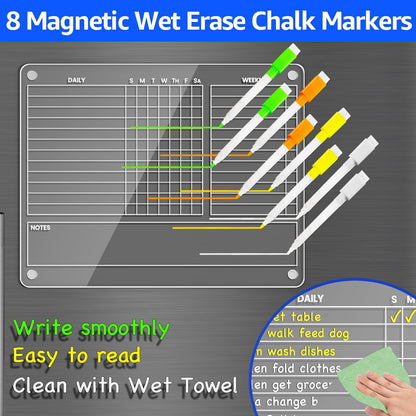 Acrylic Magnetic Chore Chart for Adults, 12X9.5 in Fridge Board | Clear Dry Erase Checklist with Daily, Weekly and Notes; Fits Curved Doors; Embedded Magnets; 8 Wet-Erase Markers and Towel