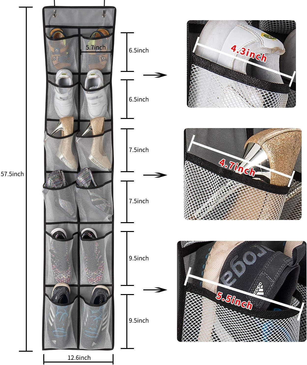 over the Door Shoe Organizer 2 Pack,Mesh Pockets Hanging Shoe Rack over the Door,Shoe Storage Closet with 4 Hooks,Washable and Breathable Fabic,Large Size 57.5×12.6Inch(Grey)