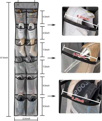 over the Door Shoe Organizer 2 Pack,Mesh Pockets Hanging Shoe Rack over the Door,Shoe Storage Closet with 4 Hooks,Washable and Breathable Fabic,Large Size 57.5×12.6Inch(Grey)