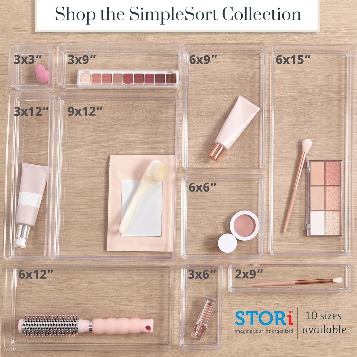 Simplesort 6-Piece Stackable Clear Drawer Organizer Set | 6" X 6" X 2" Square Trays | Small Makeup Vanity Storage Bins and Office Desk Drawer Dividers | Made in USA