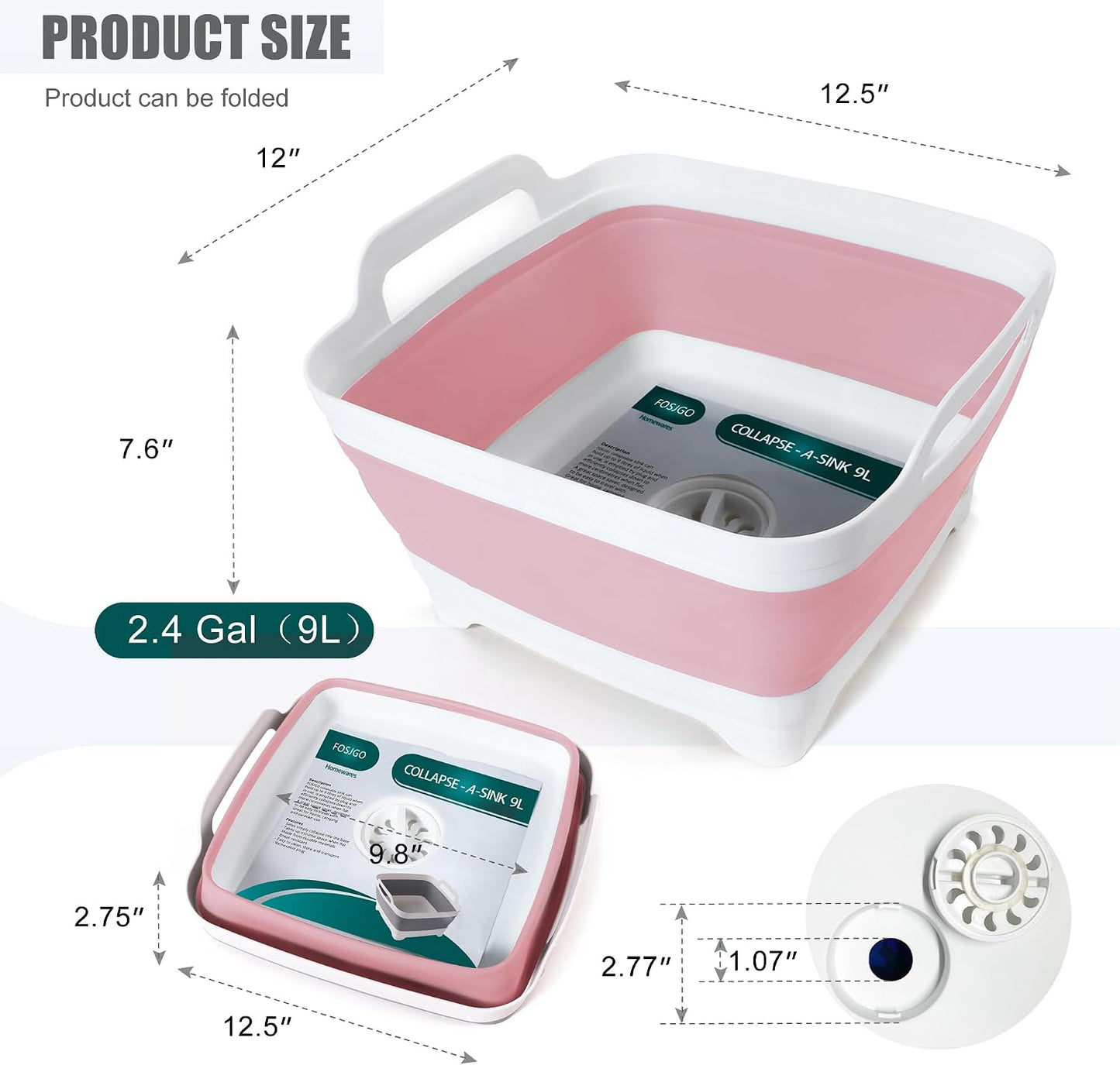 Collapsible Dish Basin with Drain Plug, Foldable Sink, 2.4 Gal (9L) | Space-Saving Wash Basin for Kitchen, Baby Bottles, Vegetable Washing, Camping, RV and Party Beverage Tubs