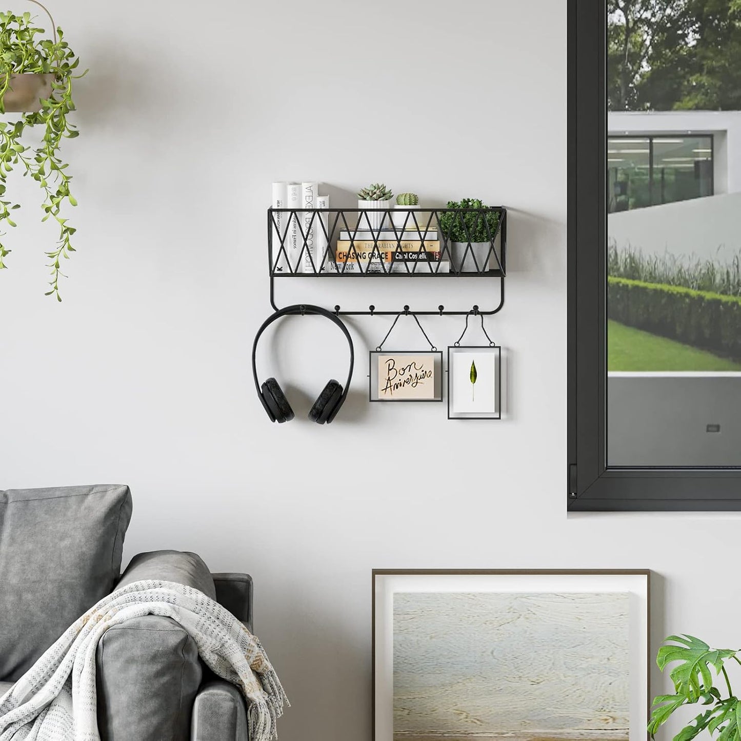 Entryway Mail Holder with Key Hooks, 14" L×4.7" W×6.5" H, Wall Mounted Matte Black Metal Wire Mesh Storage Basket with 6 Hooks, Easy to Organize Letters, Magazines, Keys, Leashes for Entryway