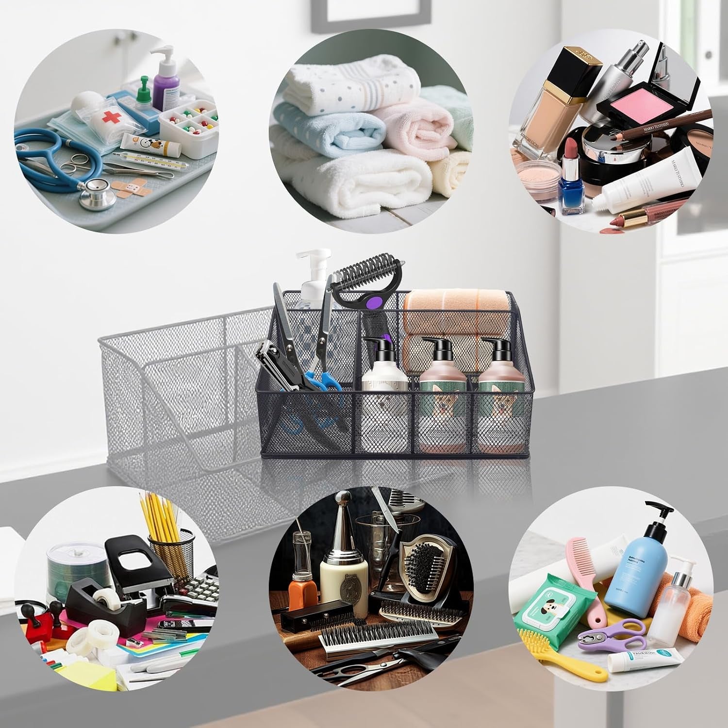 Universal Pet Grooming Supplies Organizer, Dog Storage Organizer for Grooming Supplies, 6-Compartment Mesh Wire Dog Stuff Storage Organizer for Dogs Cat Grooming Blanket,Shampoo,Trimmer,Clipper,Brush