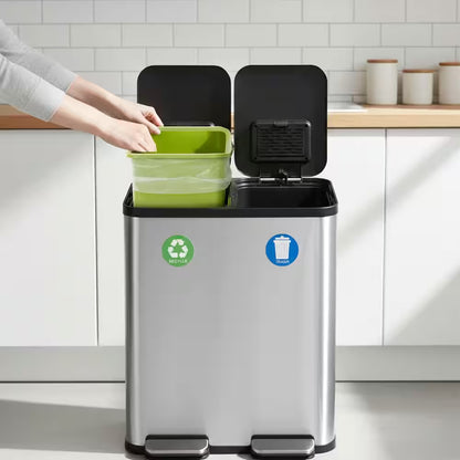 16 Gal. Dual Compartment Step-On Kitchen Trash Can and Indoor Recycling Bin with Soft-Close Lids, Stainless Steel