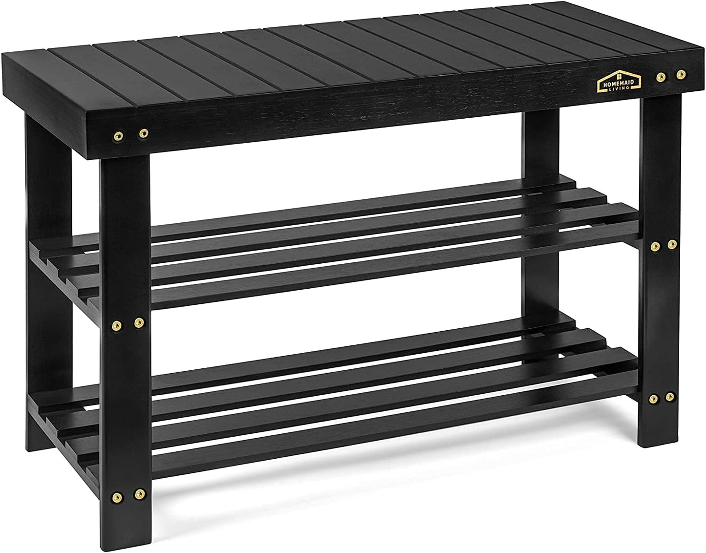 Bamboo 3 Tier Shoe Rack Bench, Premium Shoe Organizer or Entryway Bench, Perfect for Shoe Cubby, Entry Bench, Bathroom Bench, Entryway Organizer, Hallway or Living Room(Black)