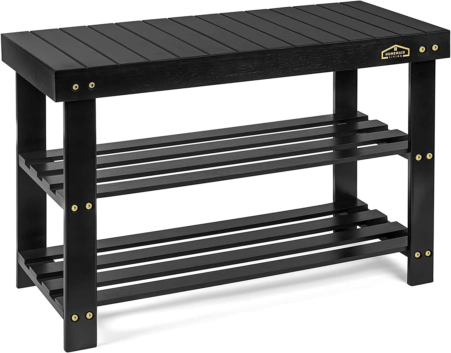 Bamboo 3 Tier Shoe Rack Bench, Premium Shoe Organizer or Entryway Bench, Perfect for Shoe Cubby, Entry Bench, Bathroom Bench, Entryway Organizer, Hallway or Living Room(Black)