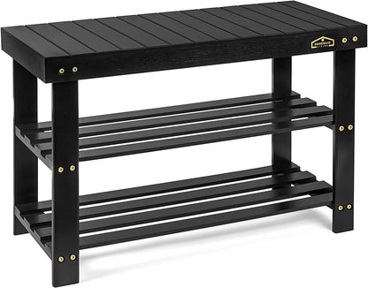 Bamboo 3 Tier Shoe Rack Bench, Premium Shoe Organizer or Entryway Bench, Perfect for Shoe Cubby, Entry Bench, Bathroom Bench, Entryway Organizer, Hallway or Living Room(Black)