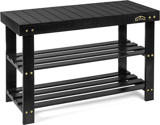 Bamboo 3 Tier Shoe Rack Bench, Premium Shoe Organizer or Entryway Bench, Perfect for Shoe Cubby, Entry Bench, Bathroom Bench, Entryway Organizer, Hallway or Living Room(Black)