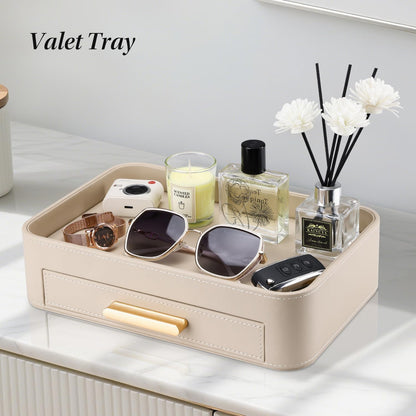 Valet Jewelry Tray Nightstand Organizer with Drawer, PU Leather Perfume Tray Trinket Trays for Vanity Bathroom Entryway, Catchall Trays for Key Purse Watch Cologne, Gift for Women Men, Beige
