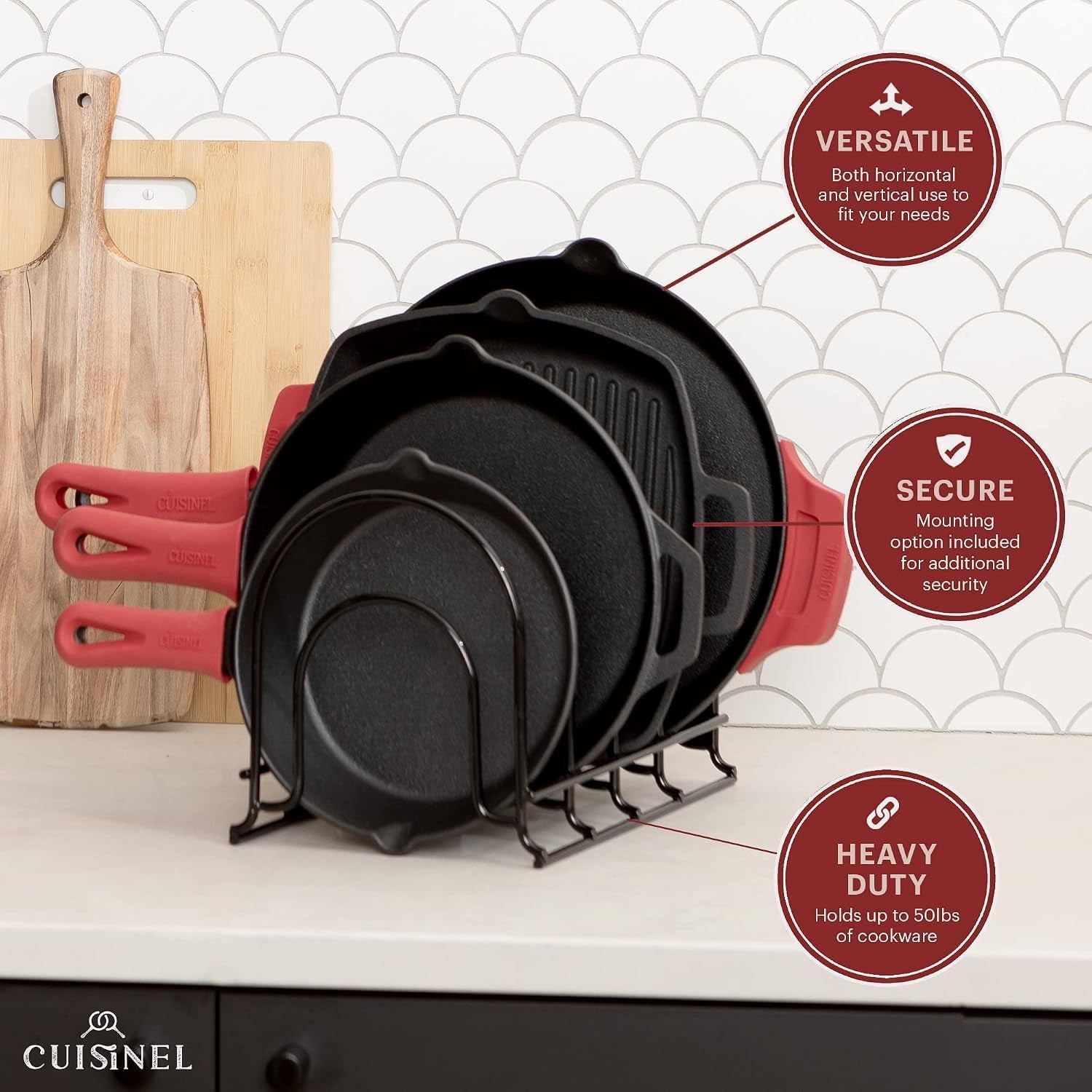Pan Organizer for Cast Iron Skillets, Griddles, 5-Tier Rack, Black 12.2"