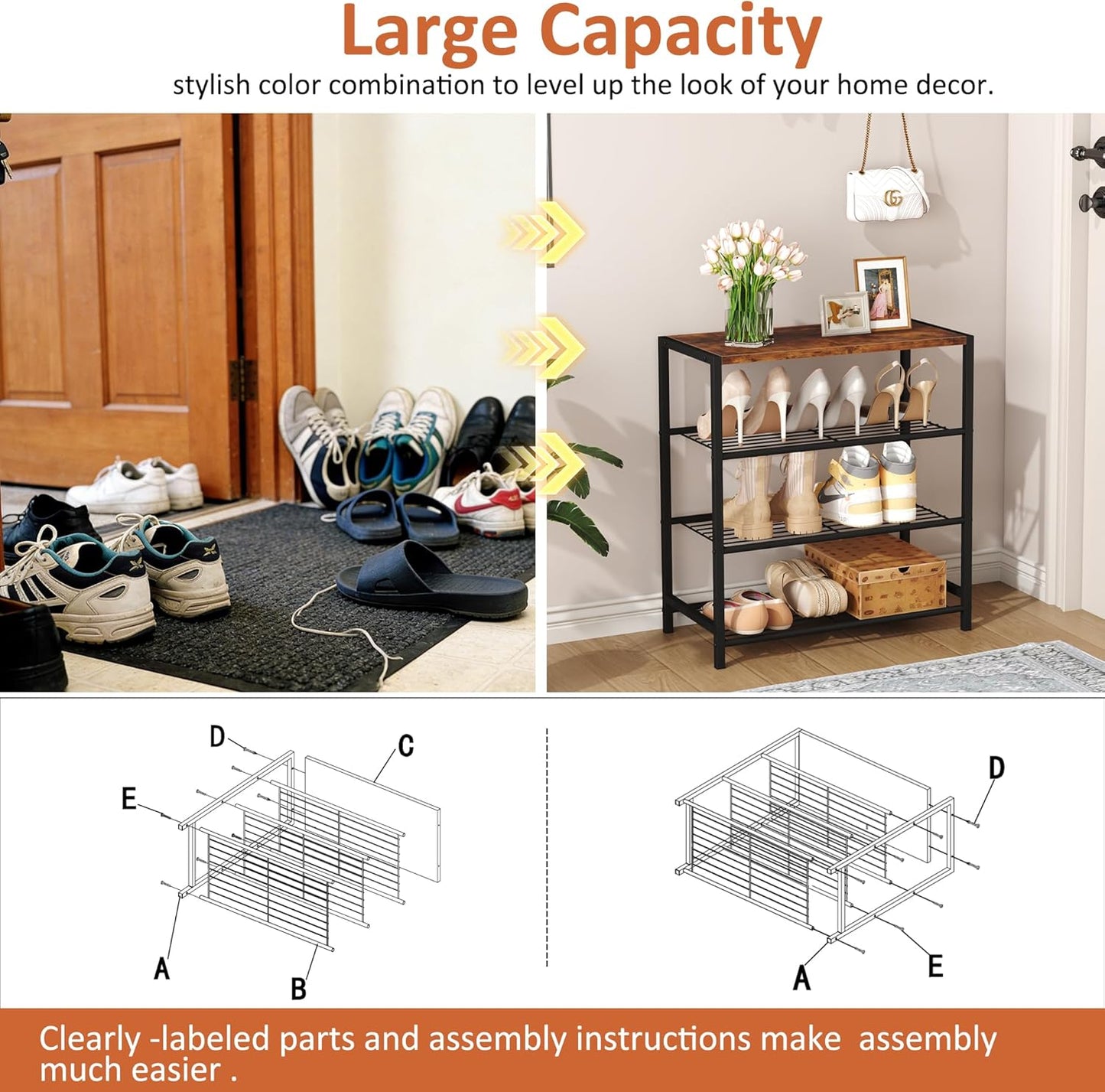 4-Tier Shoe Rack Organizer, Shoe Tower for Closet, Shoe Storage Shelf with MDF Top Board, Each Tier Fits 3 Pairs of Shoes, Entryway Shoes Organizer with Sturdy Metal Shelves, Rustic Brown
