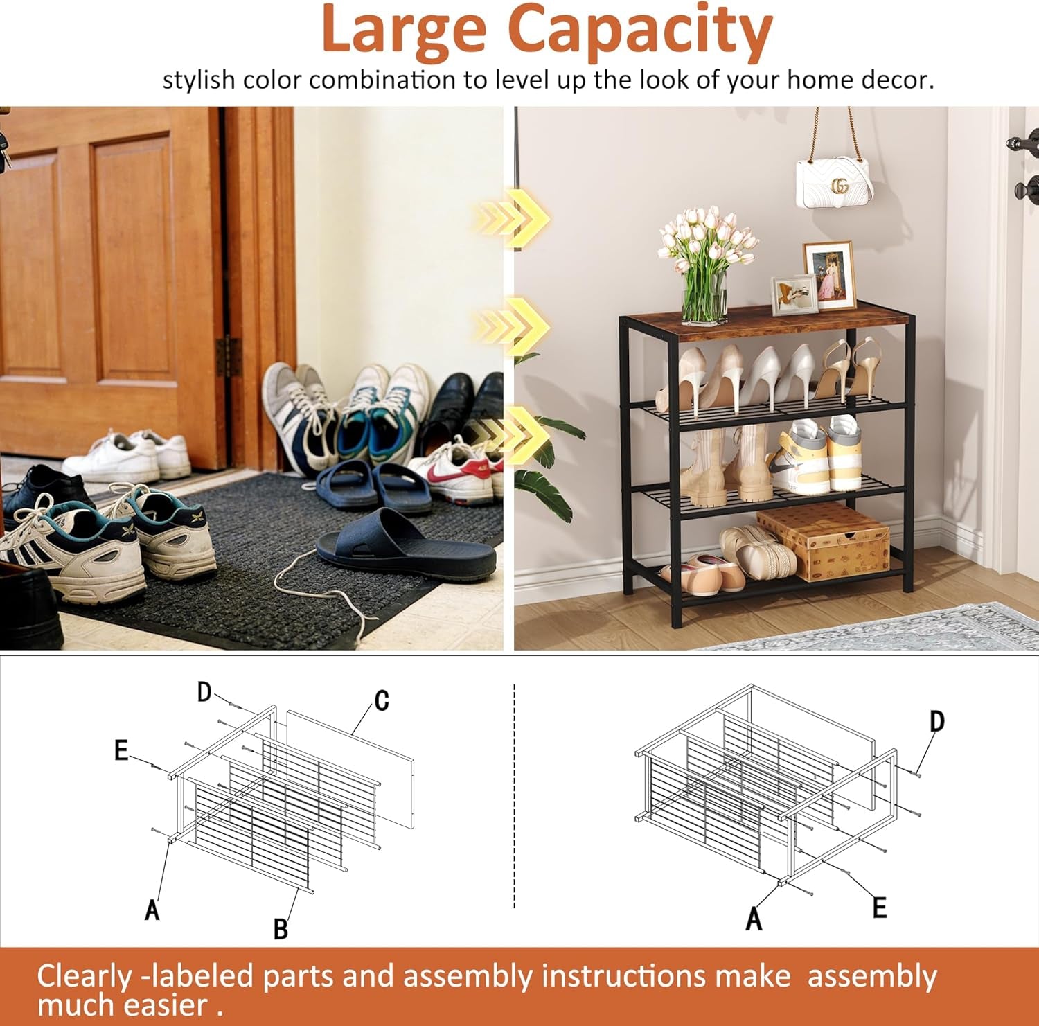 4-Tier Shoe Rack Organizer, Shoe Tower for Closet, Shoe Storage Shelf with MDF Top Board, Each Tier Fits 3 Pairs of Shoes, Entryway Shoes Organizer with Sturdy Metal Shelves, Rustic Brown