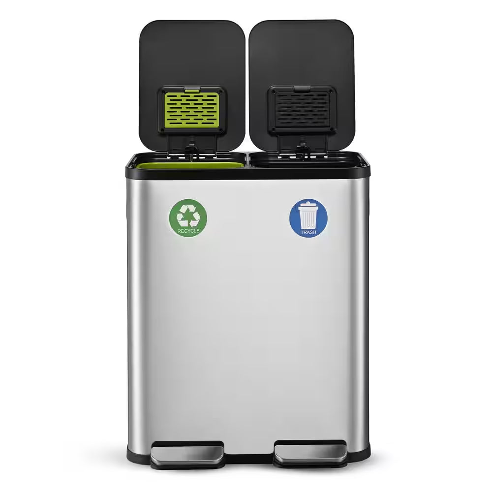 16 Gal. Dual Compartment Step-On Kitchen Trash Can and Indoor Recycling Bin with Soft-Close Lids, Stainless Steel