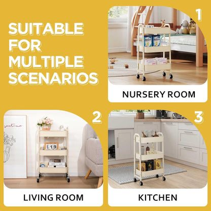 3 Tier Utility Rolling Cart with Lockable Wheels, Metal Multifunctional Storage, Organizer Cart for Kitchen, Office, Living Room, Makeup, Craft, Art Studio, Beige