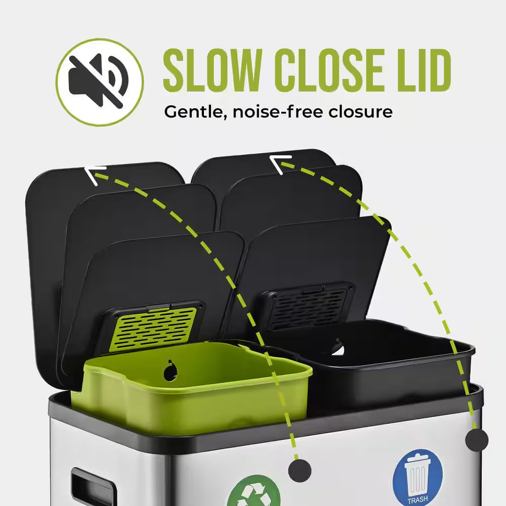 16 Gal. Dual Compartment Step-On Kitchen Trash Can and Indoor Recycling Bin with Soft-Close Lids, Stainless Steel