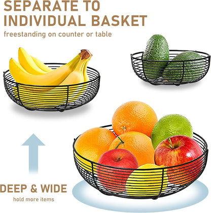 3-Tier Hanging Basket Fruit Organizer Kitchen Heavy Duty Wire Organizer with 2 Free Bonus Metal Ceiling Hooks, Black