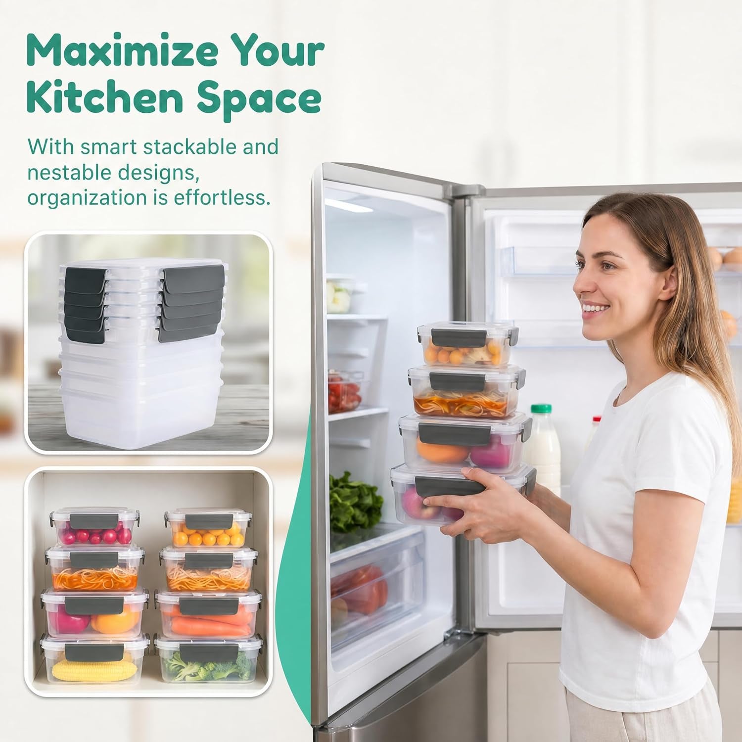 3Cup Plastic Food Storage Containers with Lids for Portion Control,5Pk | BPA Free,Stackable and Nestable,Snaplock Lid ,Freezer Dishwasher Microwave Safe