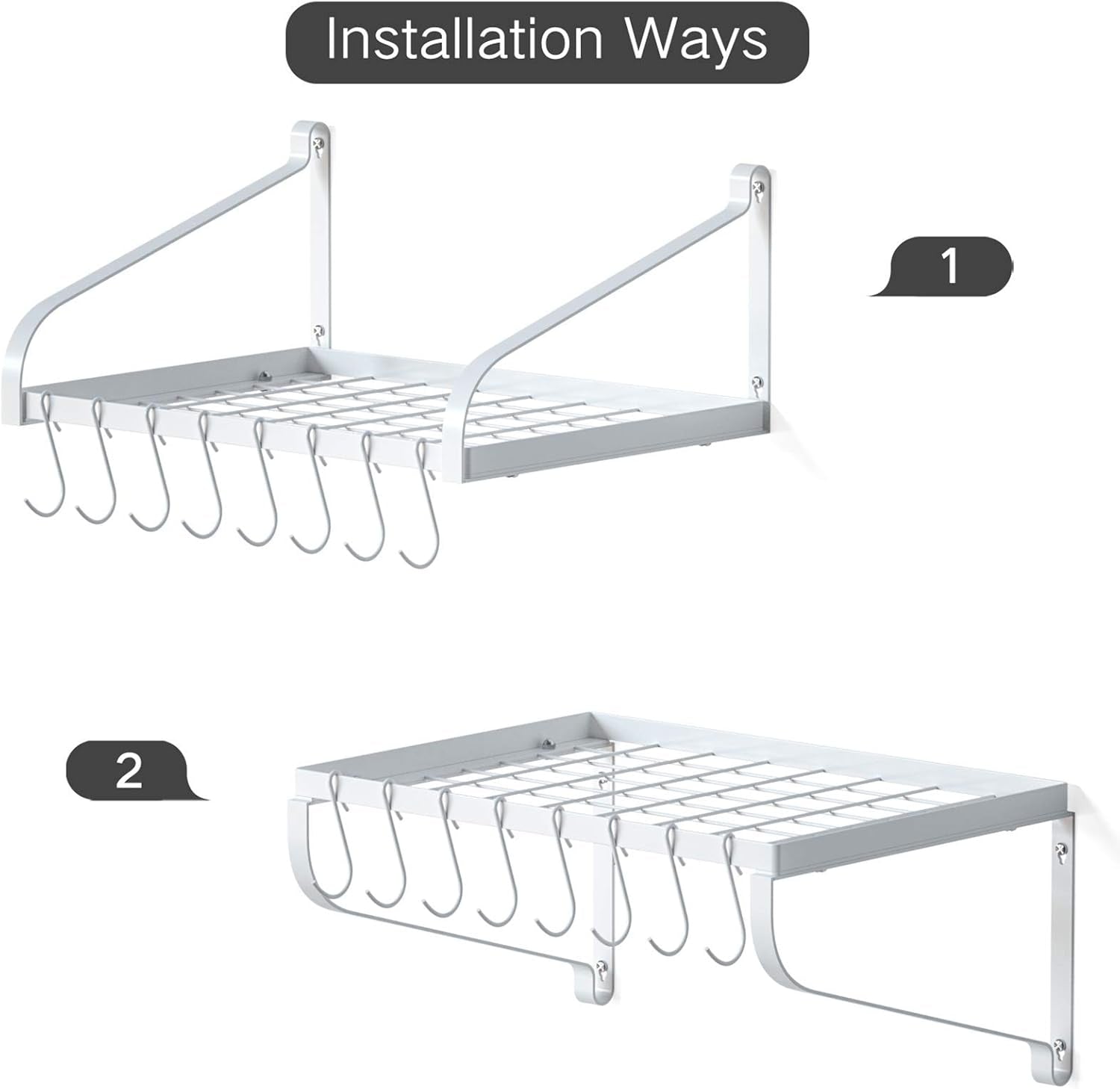 Pot Rack Wall Mounted Set of 2 Pan Pot Organizer Wall Shelves with 16 Hooks for Kitchen Cookware Utensils Organization White