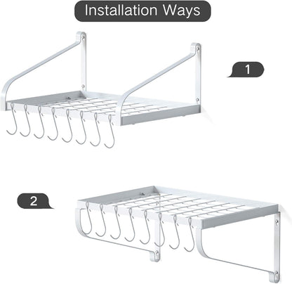 Pot Rack Wall Mounted Set of 2 Pan Pot Organizer Wall Shelves with 16 Hooks for Kitchen Cookware Utensils Organization White
